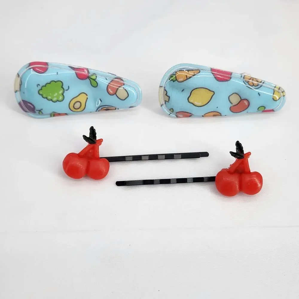 4 pc Hair Accessories 2 Cherry bobby pins 2 fruit/veggie snap barrette clips
